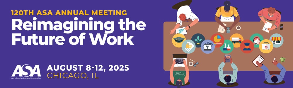 overhead view of illustrated figures sitting at a table placed next to yellow and white text on a purple background