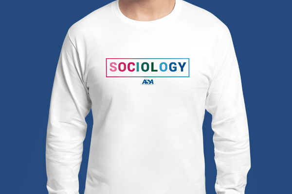 model wearing white tshirt with rainbow sociology and asa logo