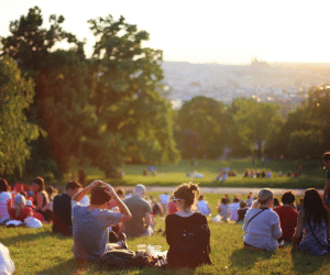 people sitting on the grass in a large park on a sunny day