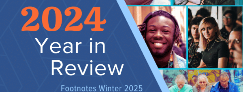 orange white and light blue text next to photo collage of smiling people on blue background