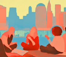 abstract figures sitting outdoors in a city setting