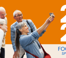 smiling conference attendees taking a selfie on orange background with white and teal text